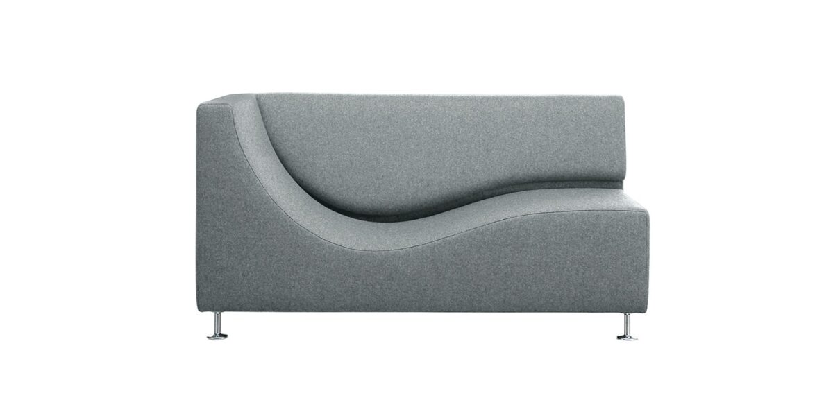 “Wave-shaped Three Sofa de Luxe in neutral gray, on slim polished metal feet, blending sofa comfort with lounge elegance.”