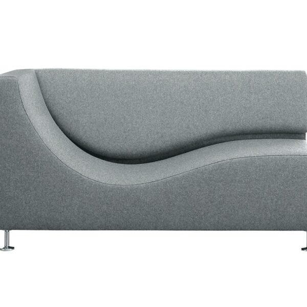 “Wave-shaped Three Sofa de Luxe in neutral gray, on slim polished metal feet, blending sofa comfort with lounge elegance.”