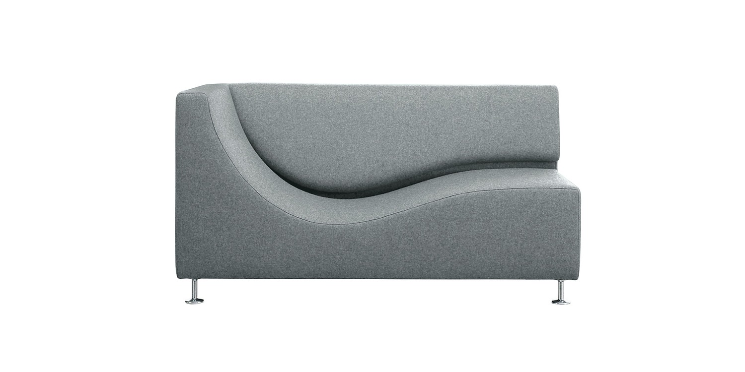 “Wave-shaped Three Sofa de Luxe in neutral gray, on slim polished metal feet, blending sofa comfort with lounge elegance.”