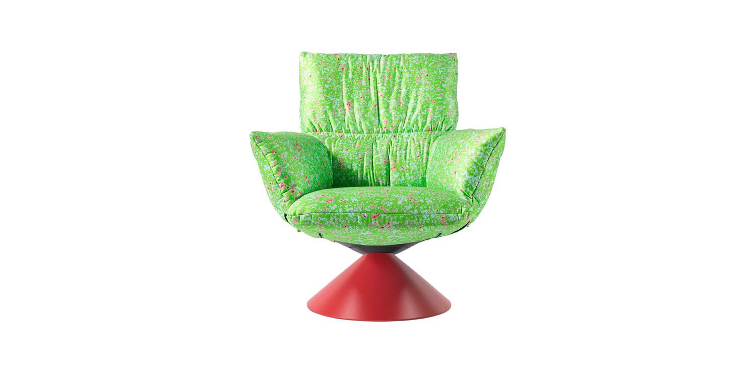 “Close view of Happy Lud’o’s padded upholstery and textured pattern, revealing the tactile satin finish and sculptural form.”