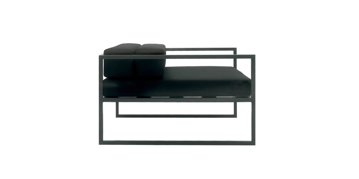 "Detail of the removable cover of Fronzoni '64 Armchair in black synthetic leather."