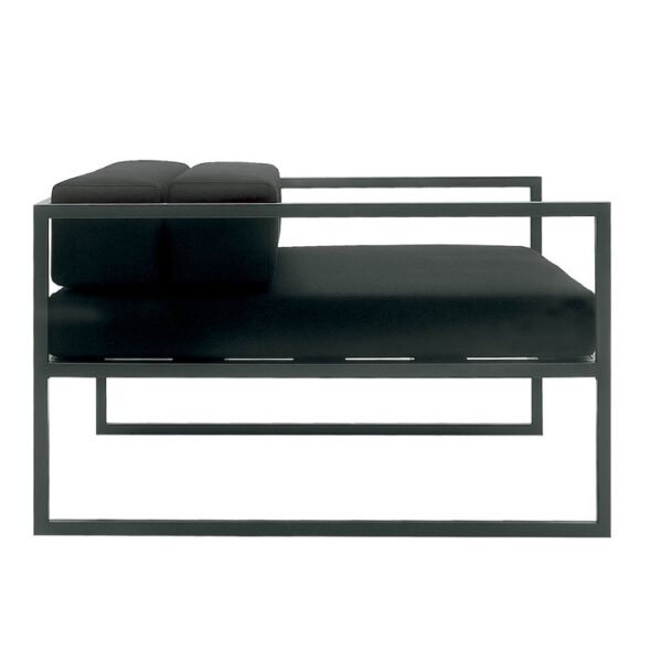 "Detail of the removable cover of Fronzoni '64 Armchair in black synthetic leather."