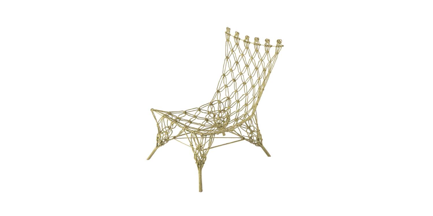 "Artistic Knotted Chair displayed in a contemporary gallery setting, emphasizing its innovative use of materials."
