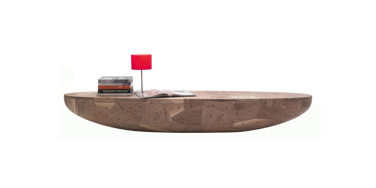 "Creative decor object blending color, form, and texture – Patchwork Oval Hemisphere by Cappellini."