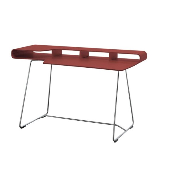 “Rear angle highlighting the continuous plywood top with storage ledge and slender steel base beneath.”