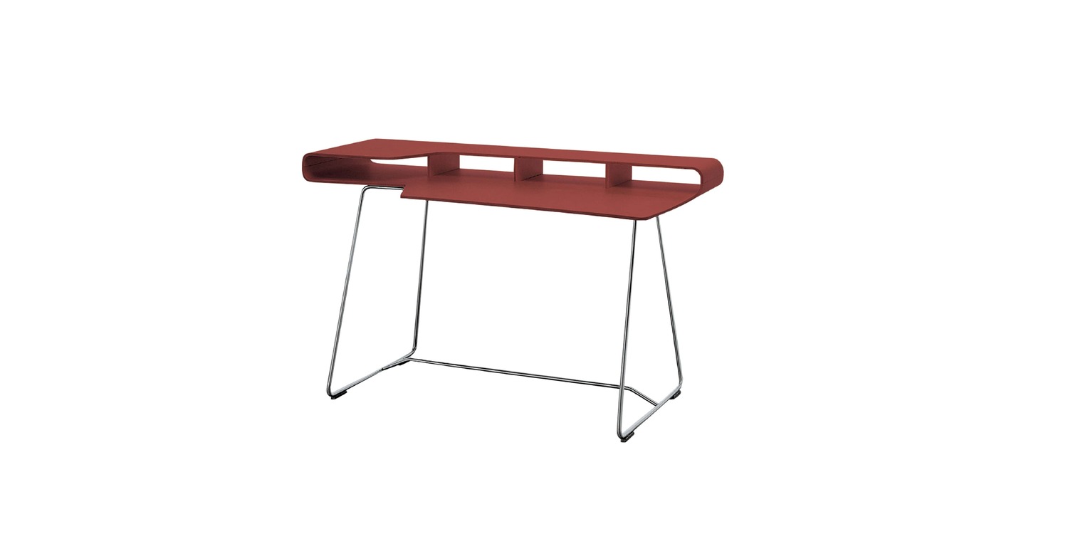 “Rear angle highlighting the continuous plywood top with storage ledge and slender steel base beneath.”