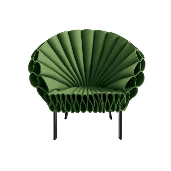 "Detail shot of the felt folds wrapping into tubular loops along the armrest on the Peacock chair."