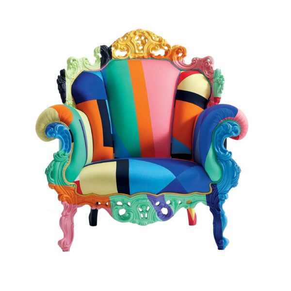 "Angled top view revealing the vibrant cotton upholstery and ergonomic shape of the Proust Geometrica chair."