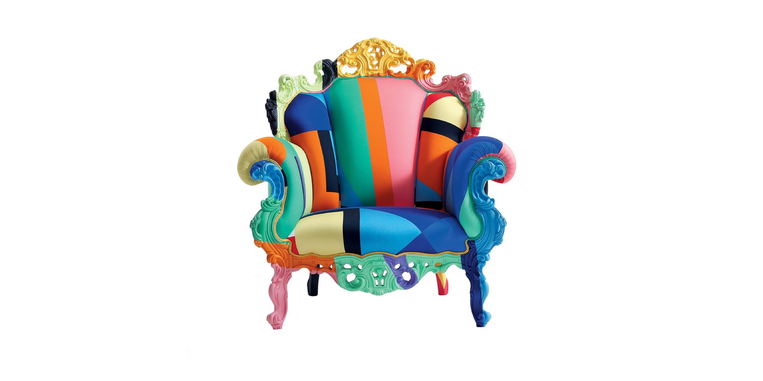 "Angled top view revealing the vibrant cotton upholstery and ergonomic shape of the Proust Geometrica chair."