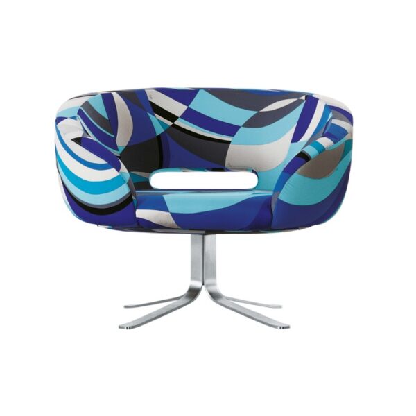 "Back view of Rive Droite chair showing the gentle curve of its padded backrest and stainless-steel pedestal."