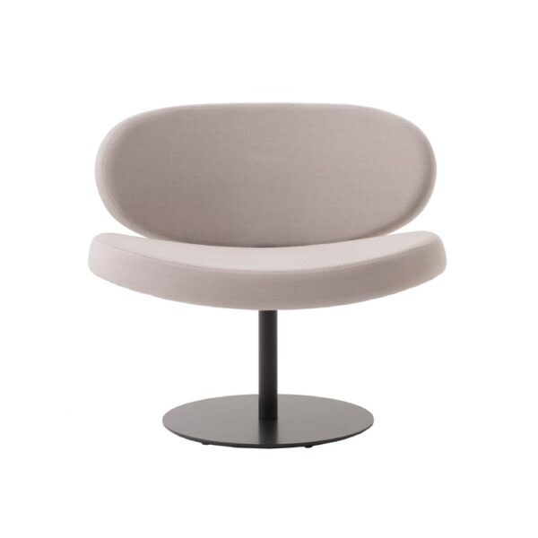 "Detail view of bent beech plywood edge on the backrest of a grey upholstered Sunset chair."