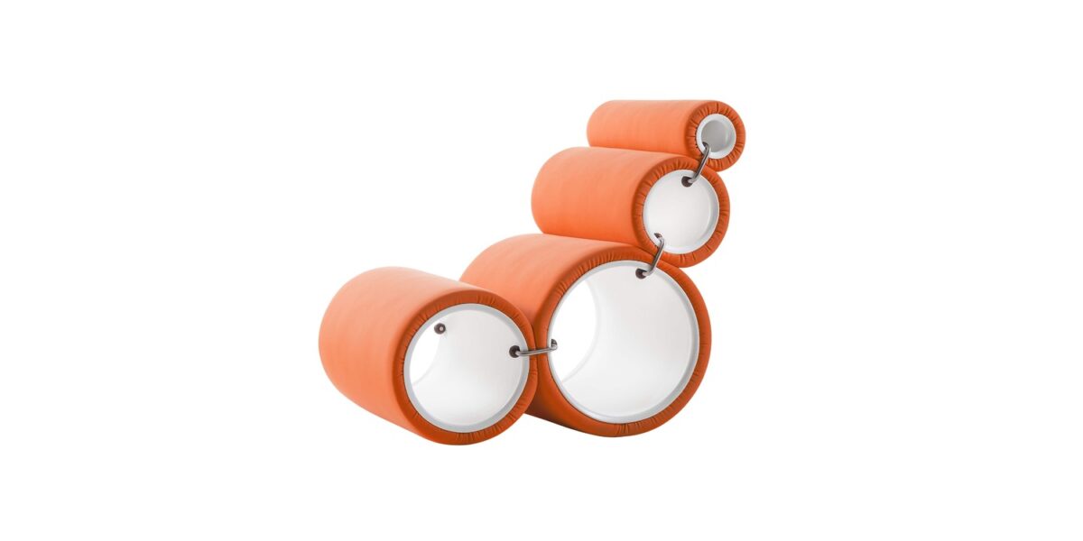 "Tube Chair in bi-elastic white fabric, with cylinders nested for compact storage."