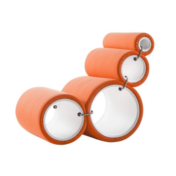 "Tube Chair in bi-elastic white fabric, with cylinders nested for compact storage."