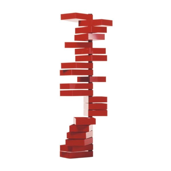 "Revolving Cabinet by Cappellini – striking furniture piece with a sculptural form and rotating drawers in glossy red acrylic."