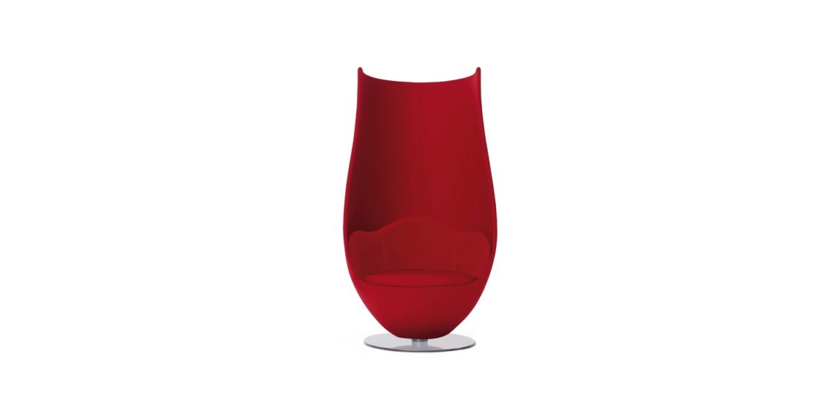"Modern office corner featuring the Tulip armchair in fabric, highlighting its flower-inspired high-back design."