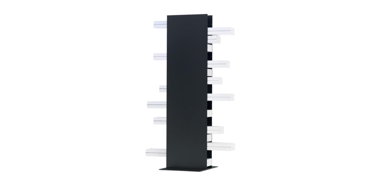 "Dinah storage unit on rubber wheels, with 18 side-opening drawers in white lacquer, designed by Cappellini in 1970."