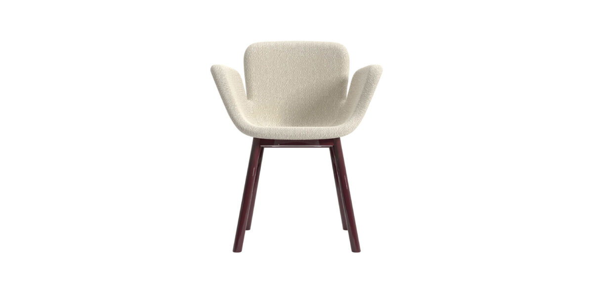 "Top-down angle of the July Soft Plus chair with oak-stained wood legs, emphasizing its smooth contour and cozy seat."