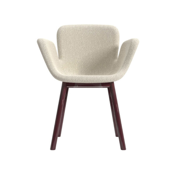 "Top-down angle of the July Soft Plus chair with oak-stained wood legs, emphasizing its smooth contour and cozy seat."