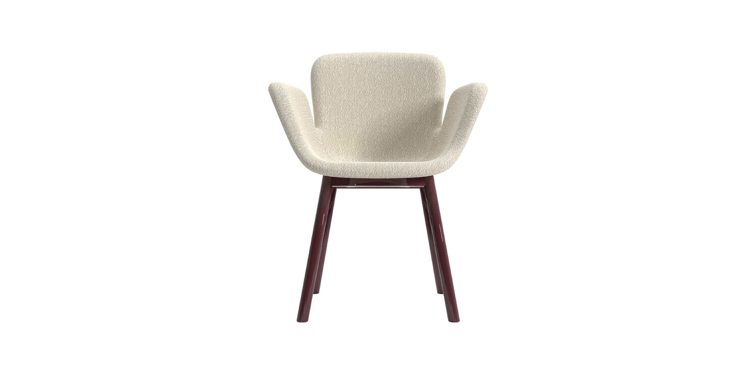"Top-down angle of the July Soft Plus chair with oak-stained wood legs, emphasizing its smooth contour and cozy seat."