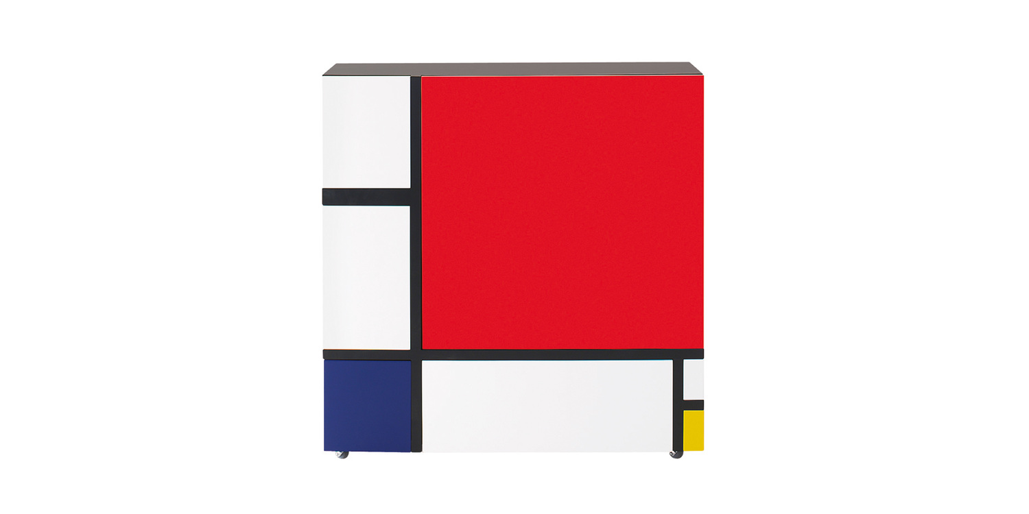 "Minimalist cabinet by Cappellini featuring a Mondrian-inspired color block design with matte lacquer finish."