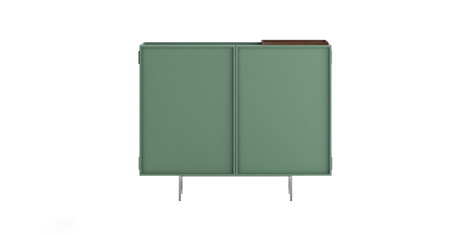 "Functional and stylish Lochness storage cabinet by Cappellini with matte lacquer or oak veneer doors and sturdy metal base."