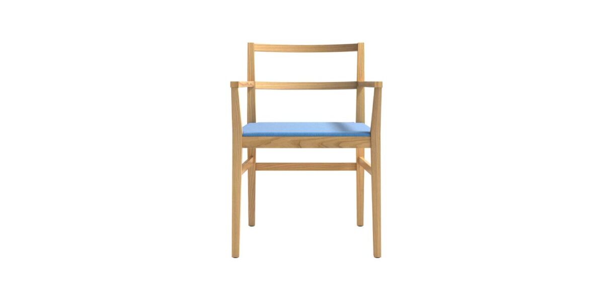 "Modern study corner with Classica armchair in oak finish, upholstered in grey textile."