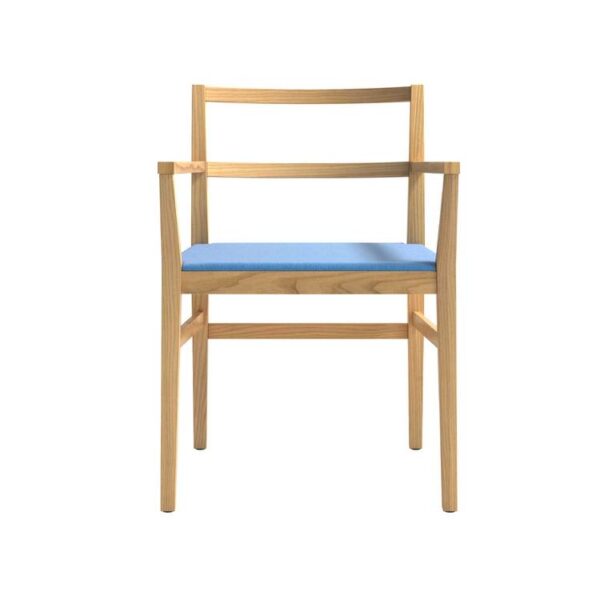 "Modern study corner with Classica armchair in oak finish, upholstered in grey textile."