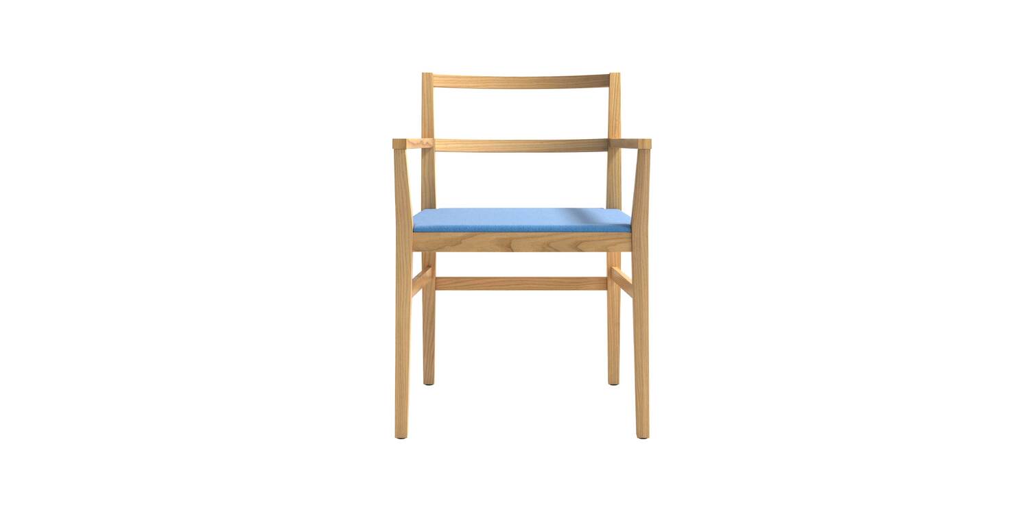 "Modern study corner with Classica armchair in oak finish, upholstered in grey textile."