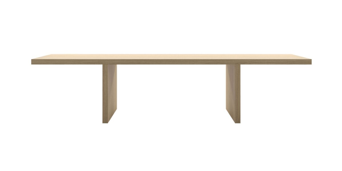 “Room setting featuring the natural oak Millenium Hope table in a minimalist dining area, its solid presence anchoring the space.”