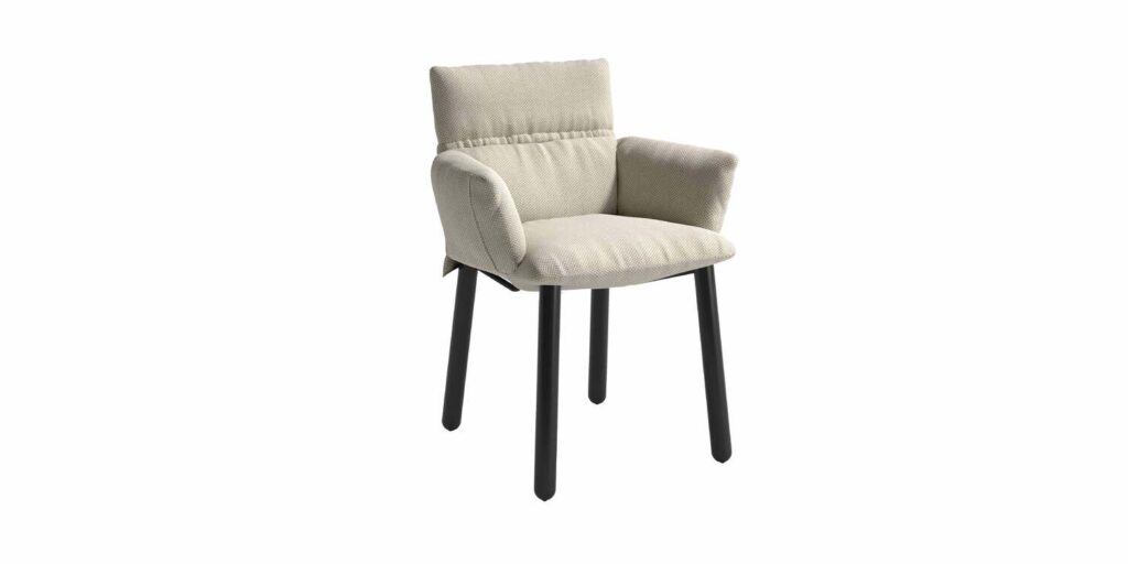 "Stylish workspace scene with Lud’ina swivel chair in ocean‑blue fabric on matte-black metal base."