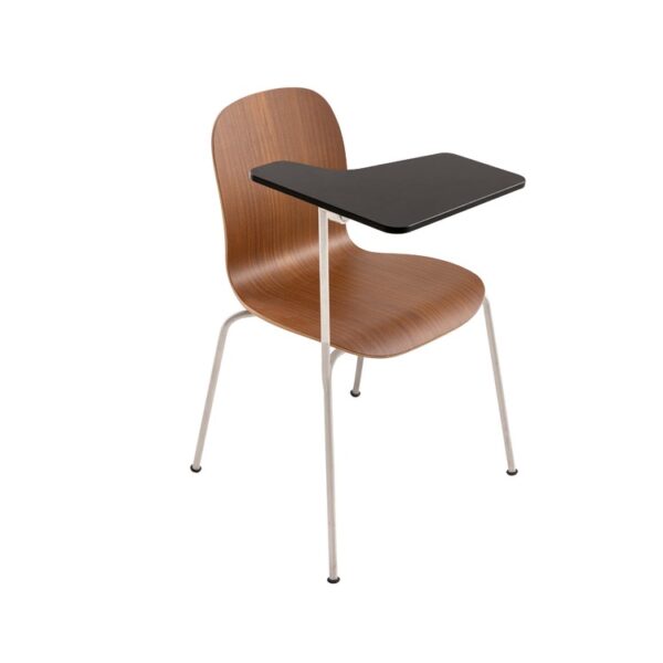"Hospitality lounge featuring mixed wood-finish Tate Wood chairs—natural oak, wenge, black—on colored metal legs."