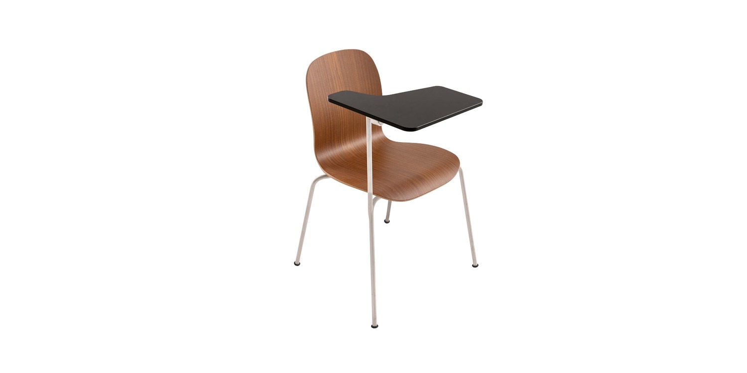 "Hospitality lounge featuring mixed wood-finish Tate Wood chairs—natural oak, wenge, black—on colored metal legs."