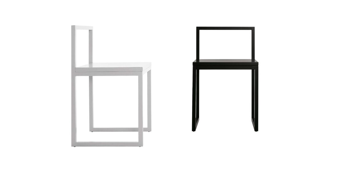 "Fronzoni '64 Chair in a gallery space, its minimalist design enhancing the surrounding artwork."