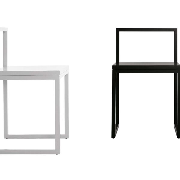 "Fronzoni '64 Chair in a gallery space, its minimalist design enhancing the surrounding artwork."