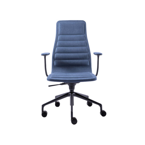 “Detail shot of Lotus chair’s matte‑black swivel base and height adjustment lever beneath the padded ergonomic seat.”
