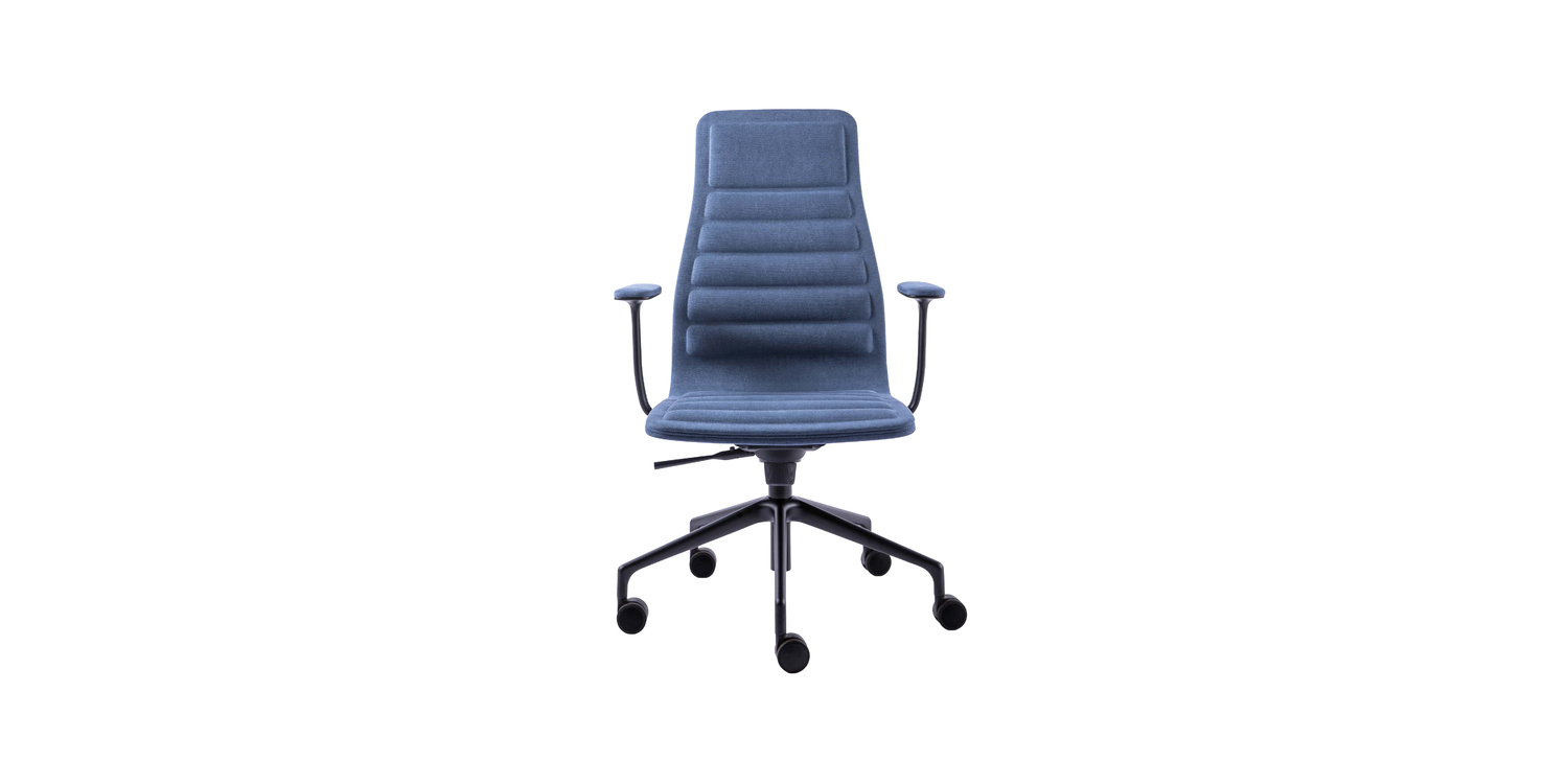 “Detail shot of Lotus chair’s matte‑black swivel base and height adjustment lever beneath the padded ergonomic seat.”