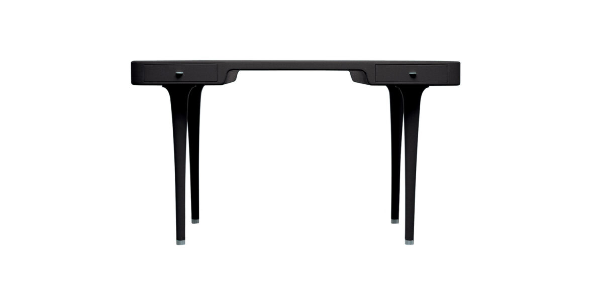“Environmental shot of a black matte Riga desk situated in a contemporary home office, with the aluminum handle knobs subtly catching light.”