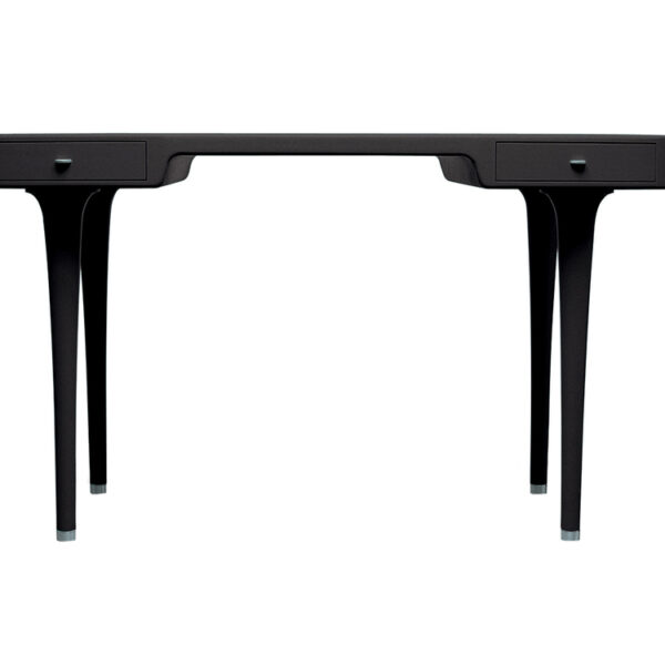 “Environmental shot of a black matte Riga desk situated in a contemporary home office, with the aluminum handle knobs subtly catching light.”