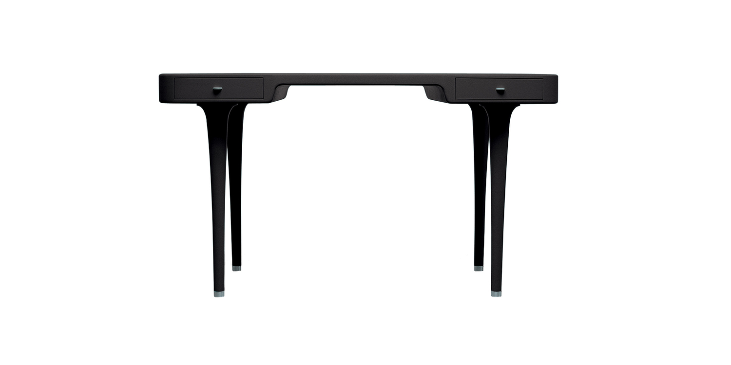 “Environmental shot of a black matte Riga desk situated in a contemporary home office, with the aluminum handle knobs subtly catching light.”