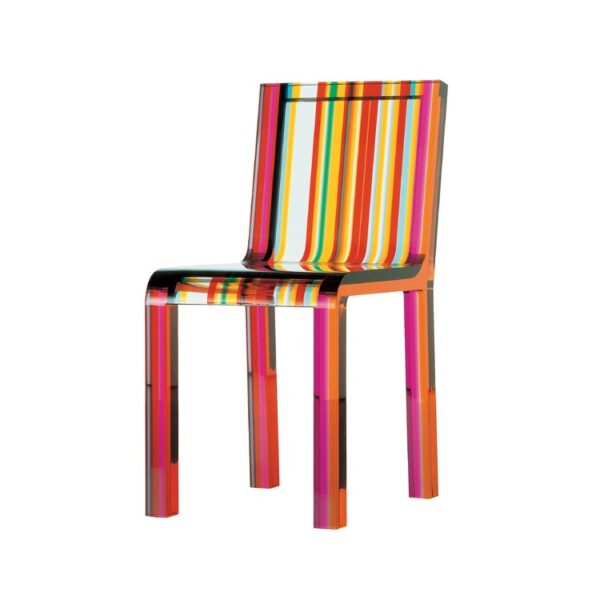 "Close‑up of the Rainbow Chair’s polished edge where multiple colored methacrylate sheets are ultrasonically bonded, revealing a glossy finish."