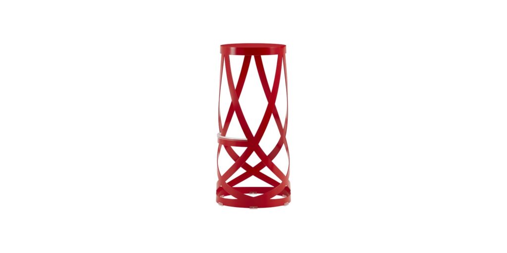 "Ribbon high stool set in a break room, finished in black matte paint, illustrating its sleek lightweight silhouette."