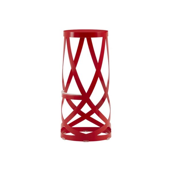 "Ribbon high stool set in a break room, finished in black matte paint, illustrating its sleek lightweight silhouette."