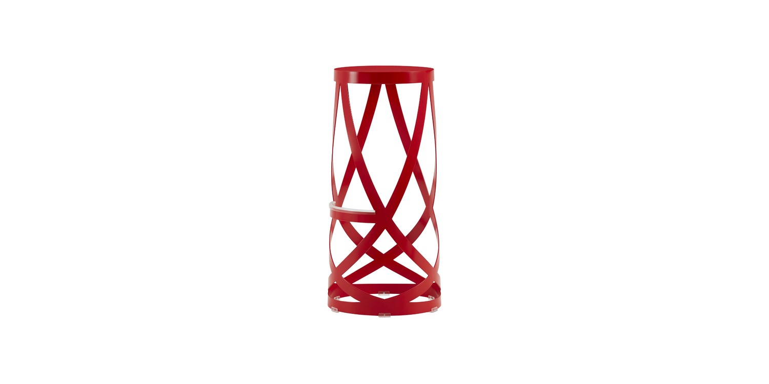 "Ribbon high stool set in a break room, finished in black matte paint, illustrating its sleek lightweight silhouette."
