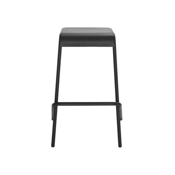 “Dining bar scene with several mud‑colored Alodia stools lined up at a wooden countertop.”
