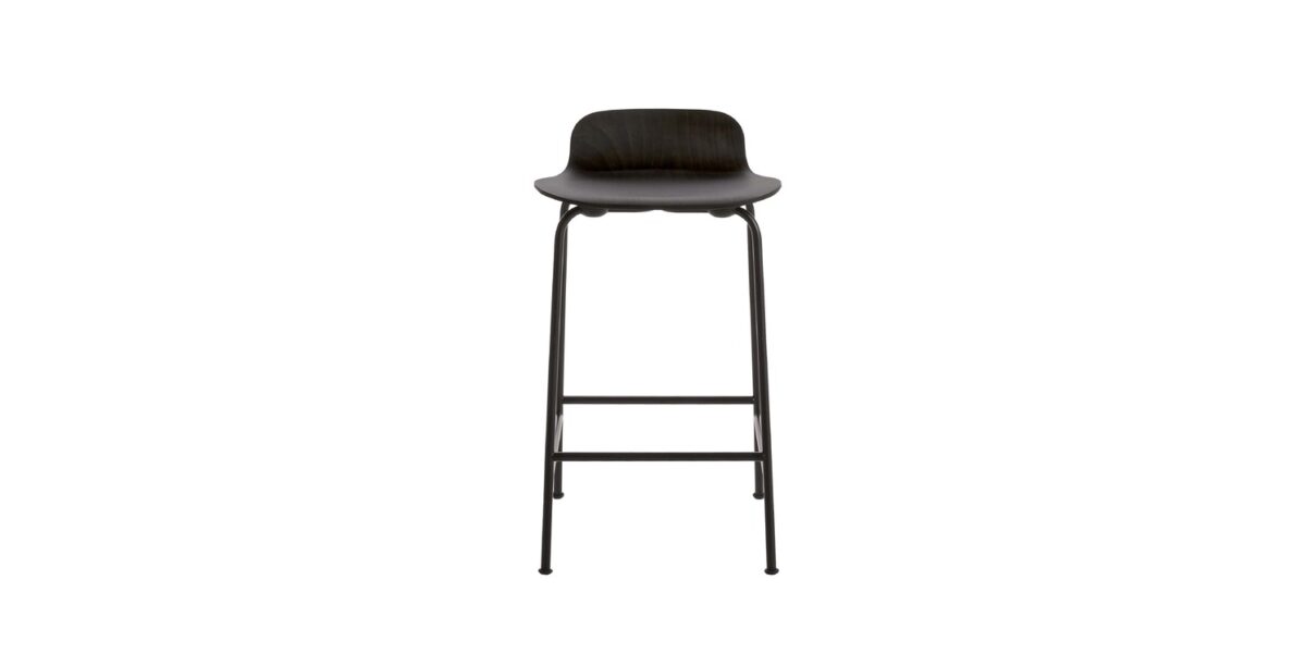 “Detail view of the seat-to-leg junction on a petrol-blue Tate Color stool mounted on a sled-style base.”
