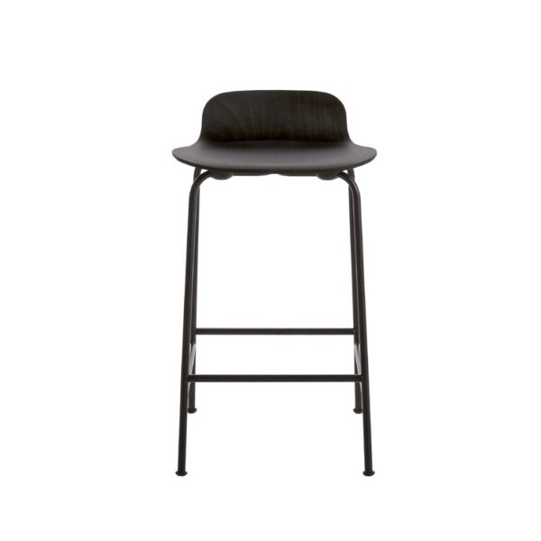 “Detail view of the seat-to-leg junction on a petrol-blue Tate Color stool mounted on a sled-style base.”