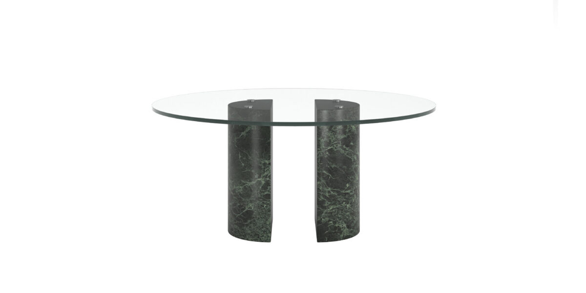 “Side profile highlighting the transparent glass tabletop revealing elegant green Alps marble bases beneath.”