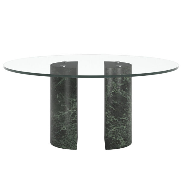 “Side profile highlighting the transparent glass tabletop revealing elegant green Alps marble bases beneath.”
