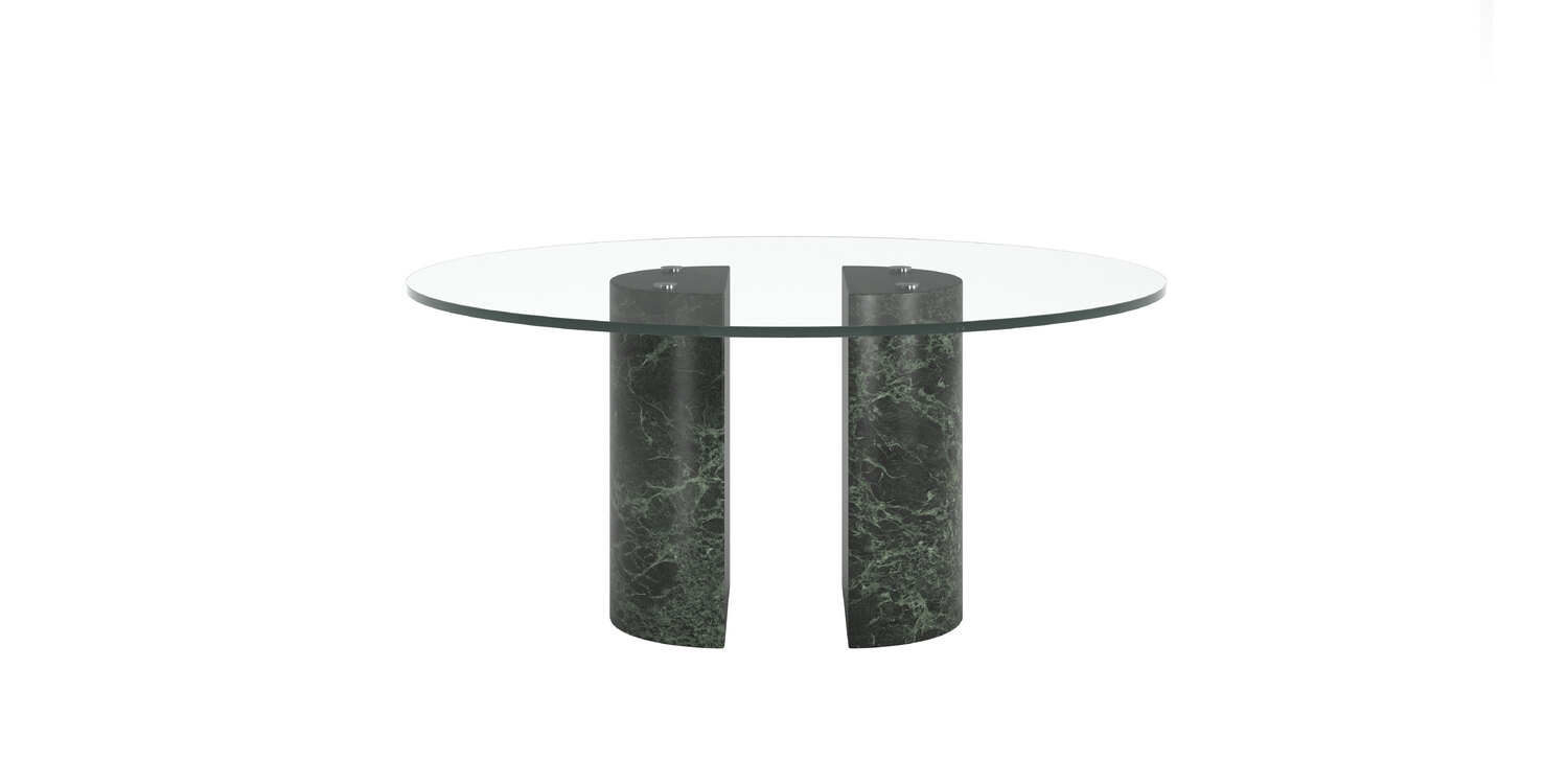 “Side profile highlighting the transparent glass tabletop revealing elegant green Alps marble bases beneath.”