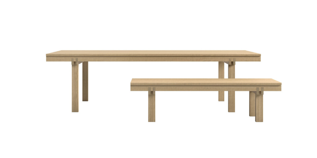 “Rear view of Mathare bench in blue-lacquered oak, showing its low profile and subtle floating effect under the tabletop.”